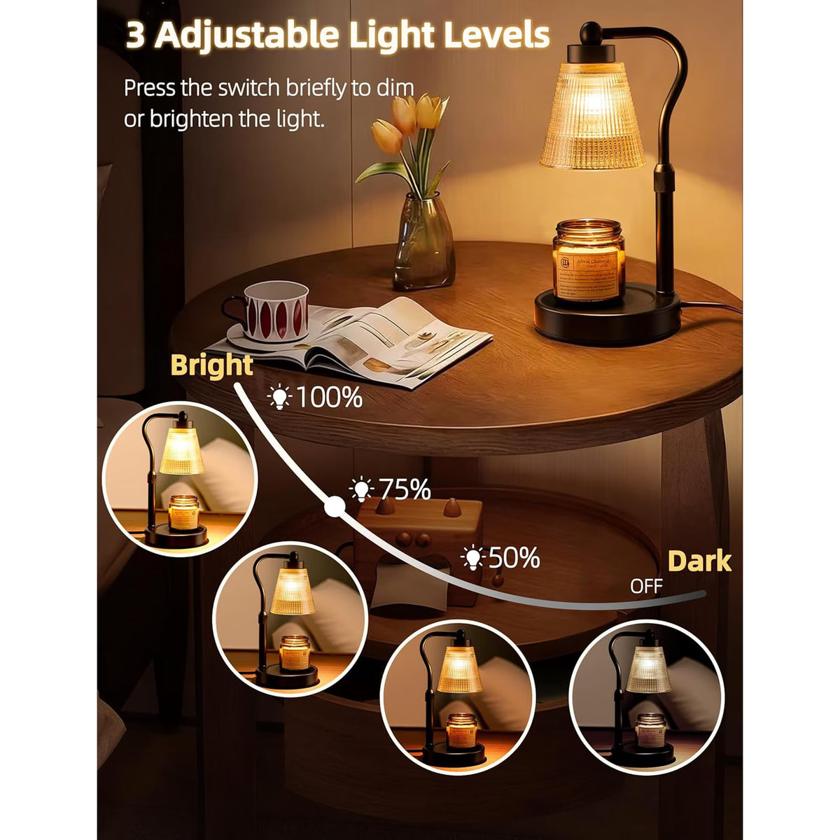 Asoricing Candle Warmer Lamp, Height Adjustable & Dimmable with 2/4/8H Timer, 2*50W Halogen Wax Melter Warmer for Home Office Décor, Flameless & Smokeless, Gift for Women Mom, Black-Amber