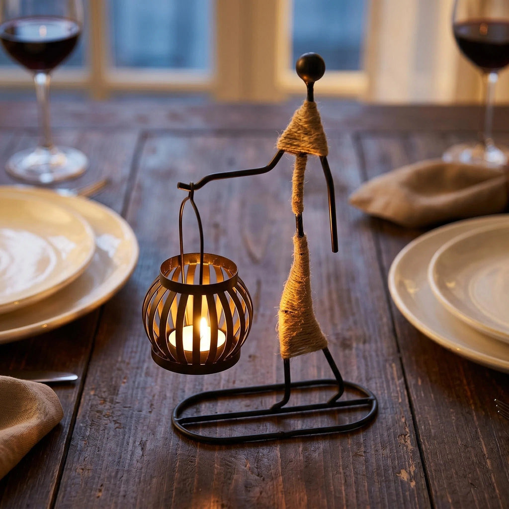 Asoricing Creative Candle Holder, Abstract Figure Metal Candlestick Stand with Lantern Basket for Table Centerpiece（A)