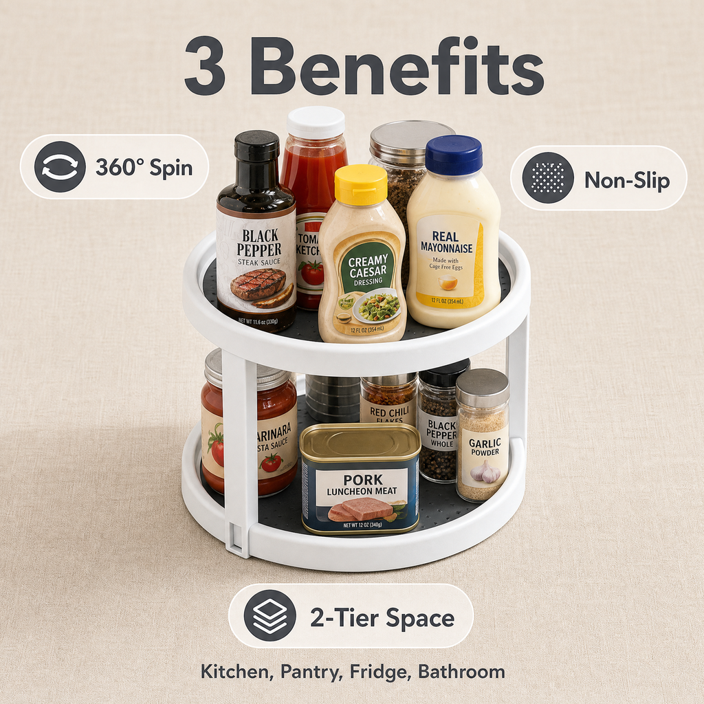 Asoricing 2-Tier Rotating Lazy Susan Turntable Organizer, Non-Slip Round Spinner Tray for Spices & Condiments, Plastic Kitchen Cabinet & Pantry Organizer for Countertop, Fridge & Bathroom