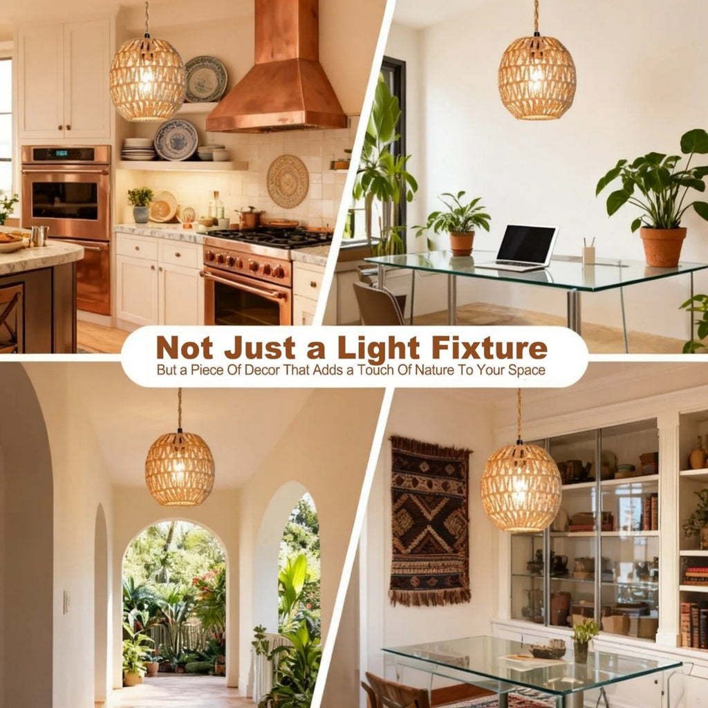 Asoricing Hanging Light Fixture Plug in, Hand Woven Rope Pendant Light for Kitchen Island, Cafe, Dining Room, Hallway, Retro Linen Hanging Lamp Kit with Plug-in Cord