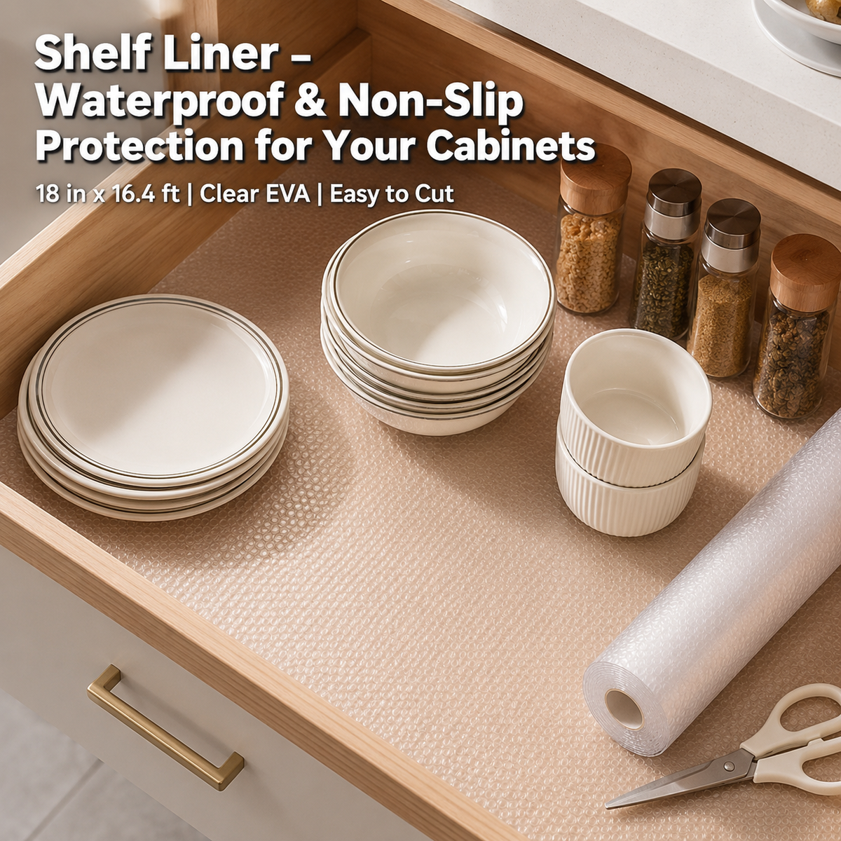 Asoricing Plastic Shelf Liner, Clear EVA Waterproof Drawer Mat for Pantry, Non-Slip Kitchen Cabinet Protector, 18in x 16.4ft