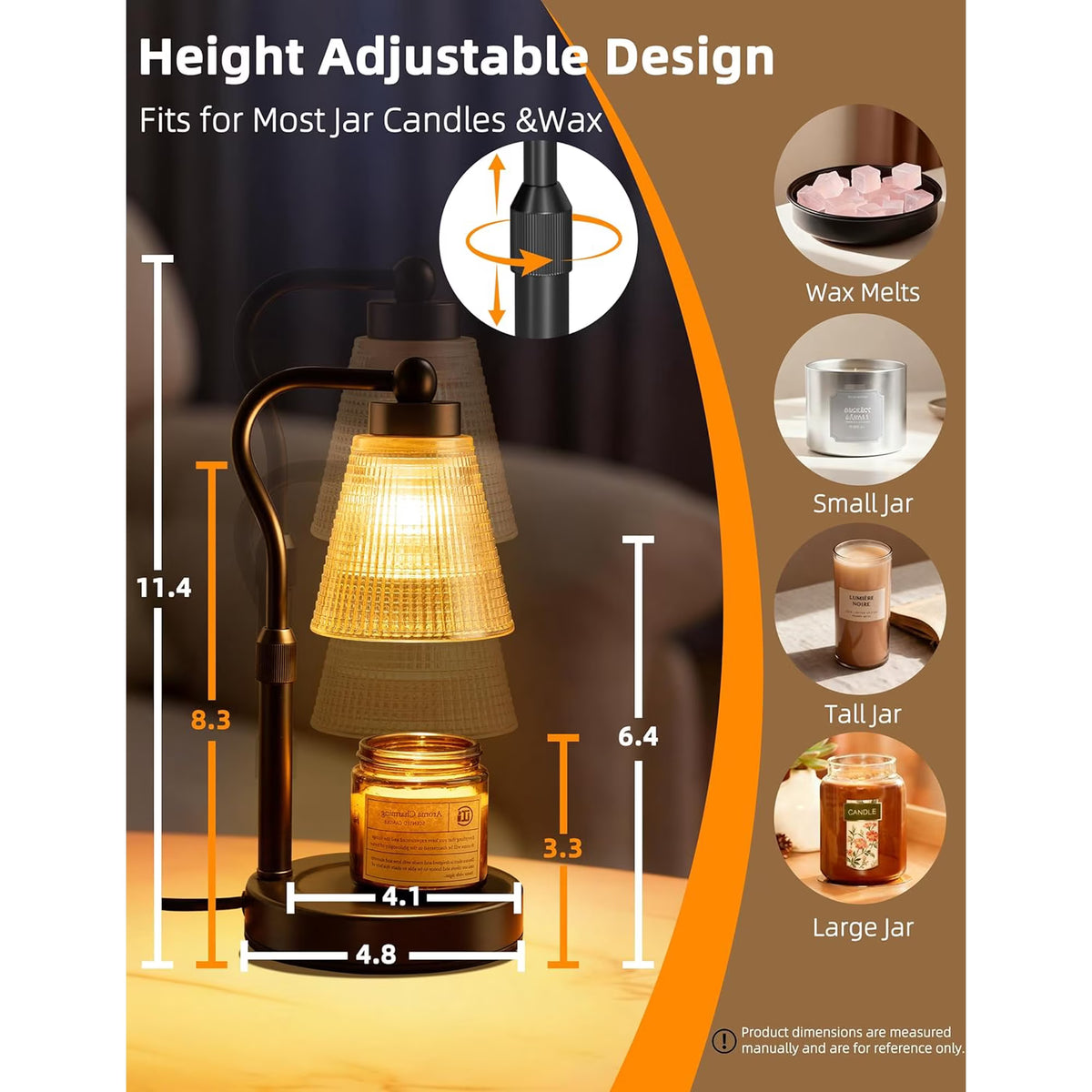 Asoricing Candle Warmer Lamp, Height Adjustable & Dimmable with 2/4/8H Timer, 2*50W Halogen Wax Melter Warmer for Home Office Décor, Flameless & Smokeless, Gift for Women Mom, Black-Amber
