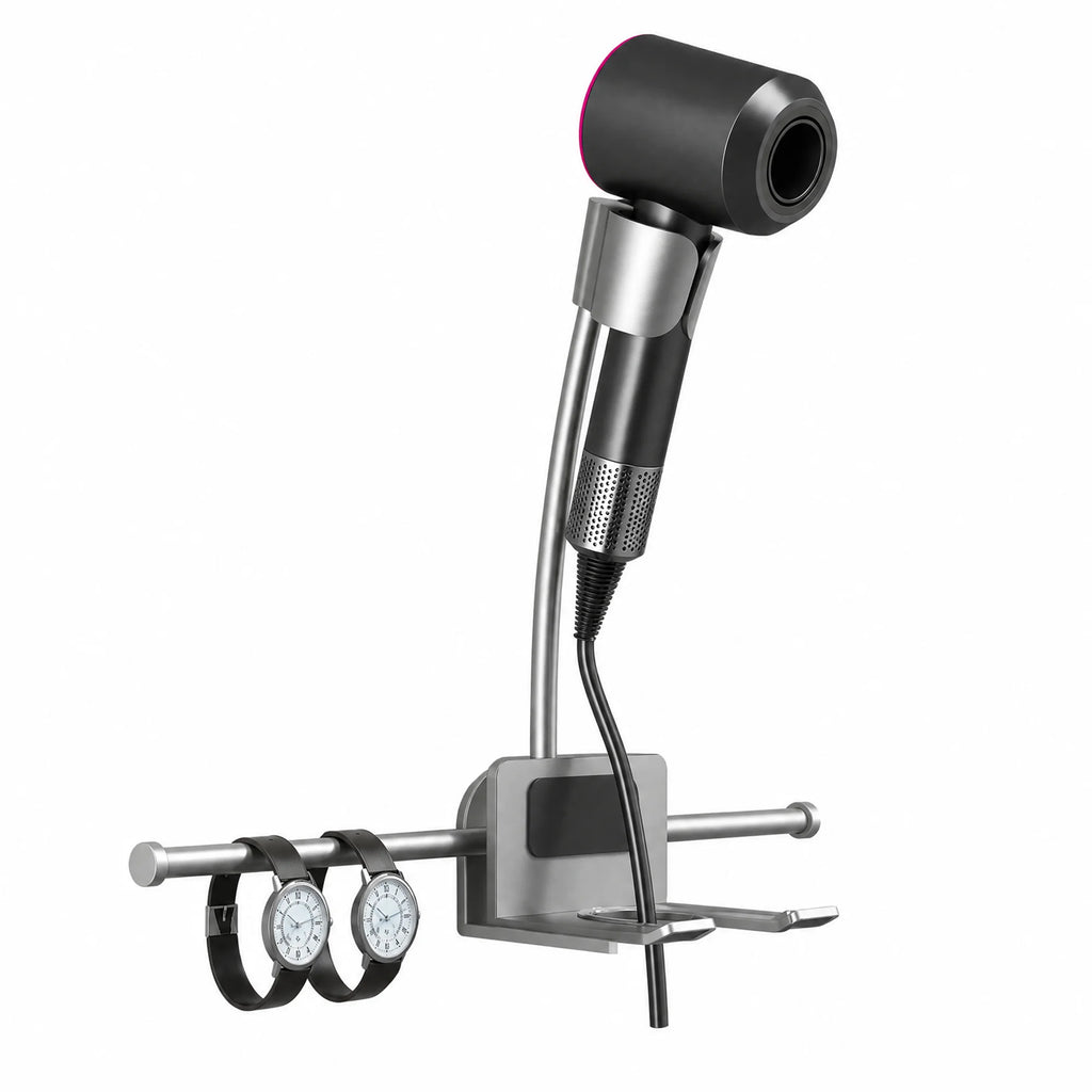 Asoricing Wall-Mount Hair Dryer Holder with Shelf, No-Drill Adhesive Hands-Free Blow Dryer Stand,180° Rotating Adjustable Hair Tool Organizer for Bathroom, Fits Curling Iron & Flat Iron