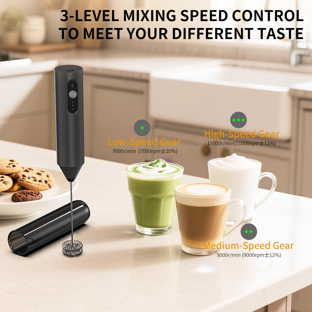 Asoricing Frother, Milk Frother, Handheld Frother, Food Grade Safe Materials, 3 Level Regulation, Double Layered Milk Foam Head, Low Decibel Noise-Free