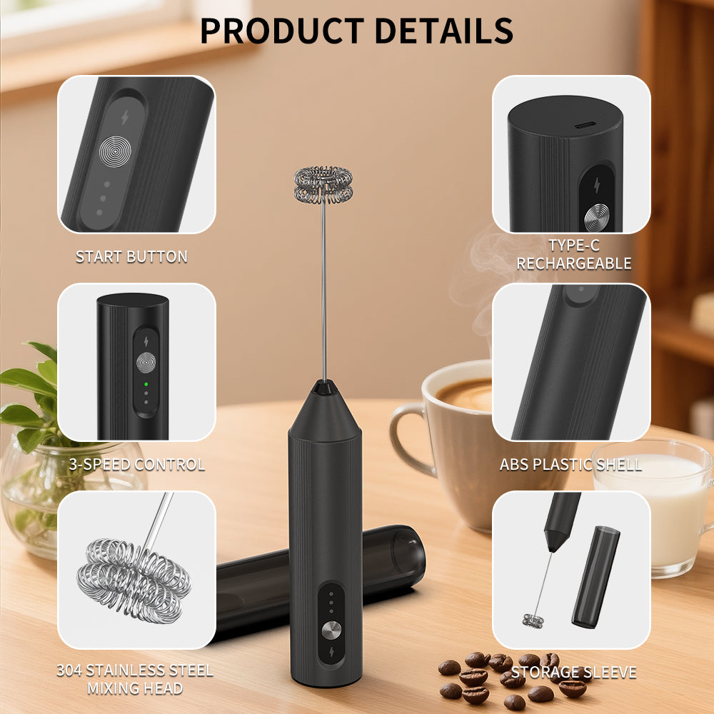 Asoricing Frother, Milk Frother, Handheld Frother, Food Grade Safe Materials, 3 Level Regulation, Double Layered Milk Foam Head, Low Decibel Noise-Free
