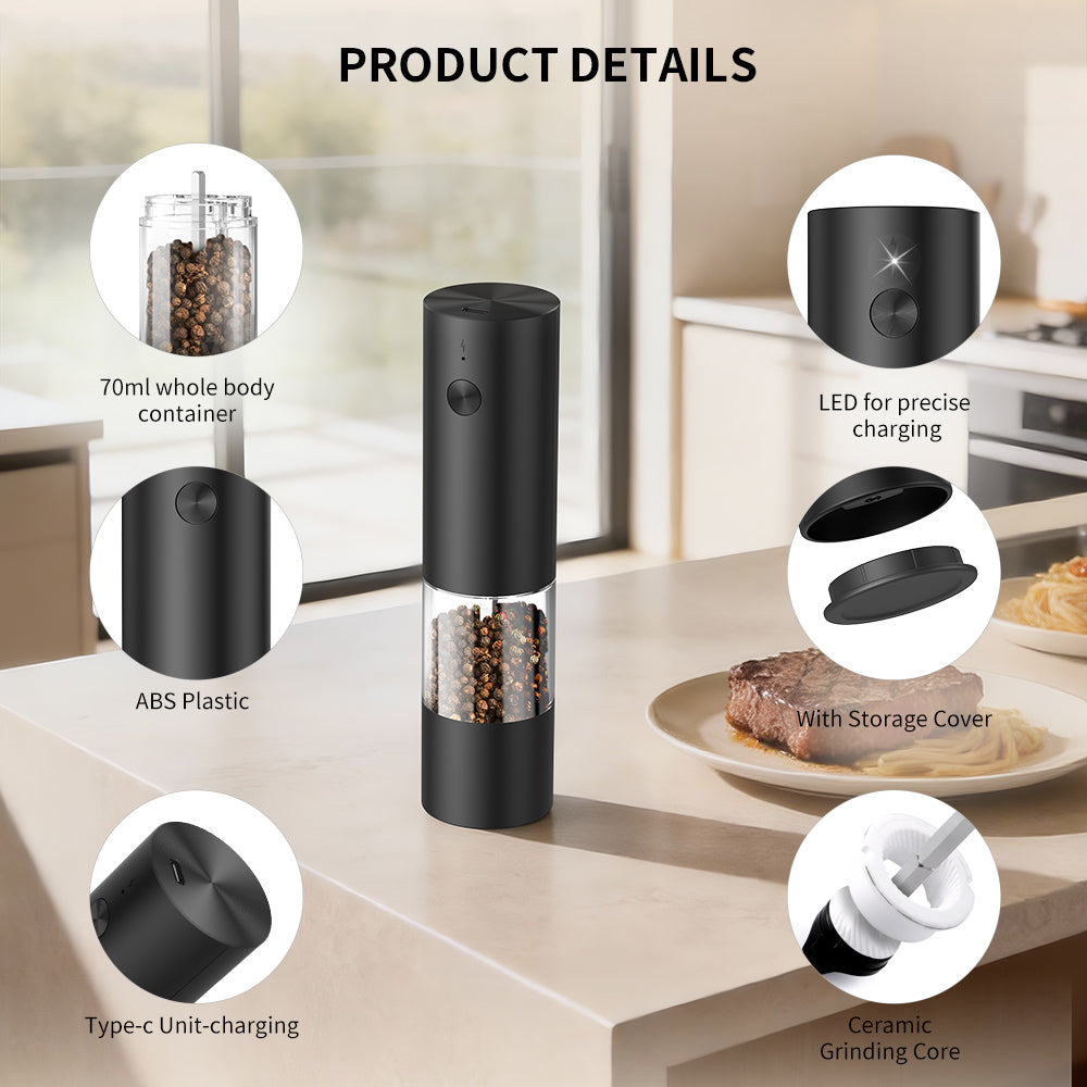 Asoricing Electric Salt and Pepper Grinder, Automatic Pepper Mill Shaker, Adjustable Coarseness, Battery Operated, Large Capacity, Black
