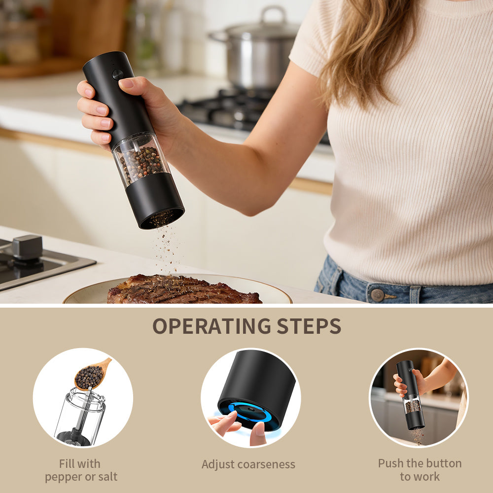 Asoricing Electric Salt and Pepper Grinder, Automatic Pepper Mill Shaker, Adjustable Coarseness, Battery Operated, Large Capacity, Black