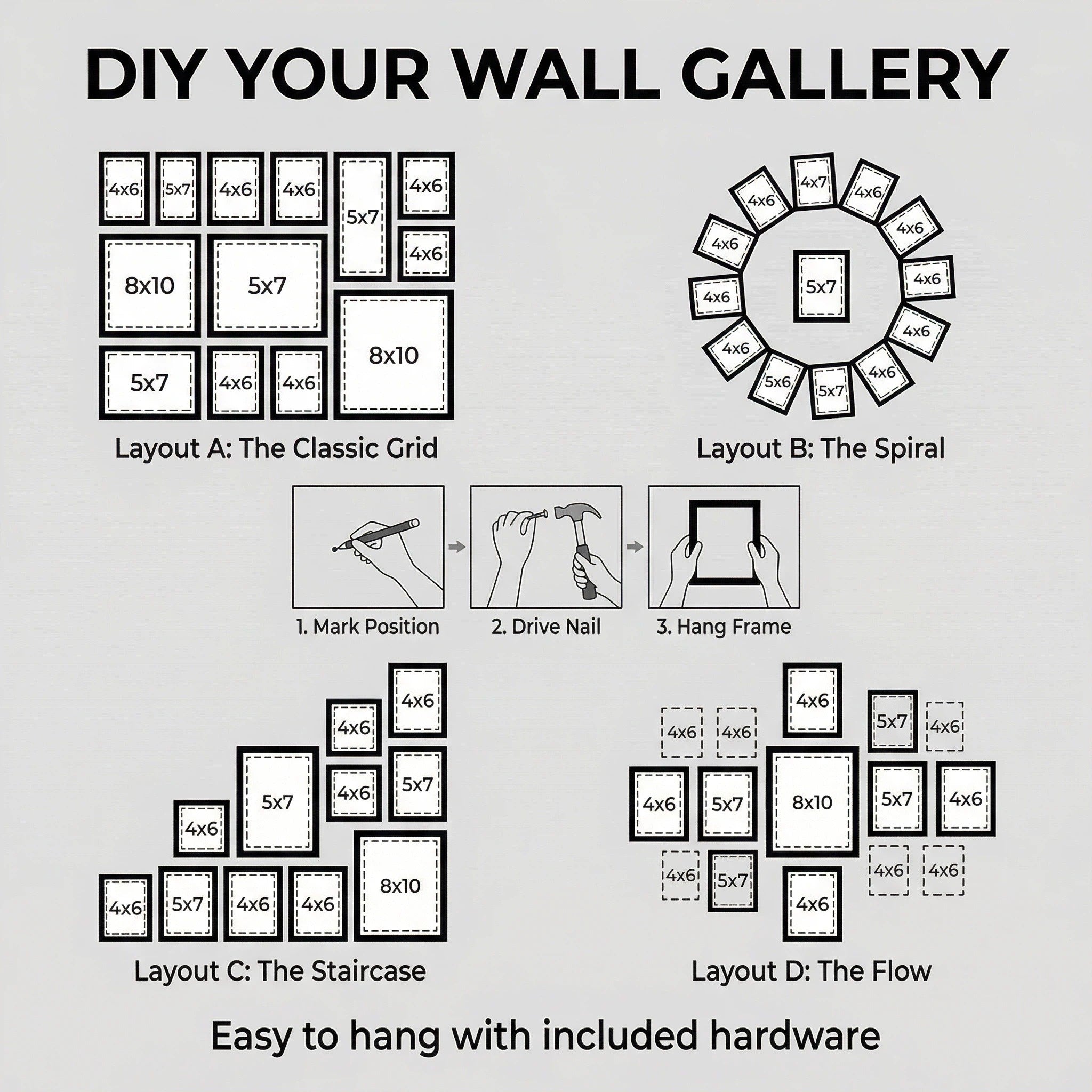 Asoricing 10-piece photo frame set - multi-size combination photo wall - perforated cardstock picture frame - black