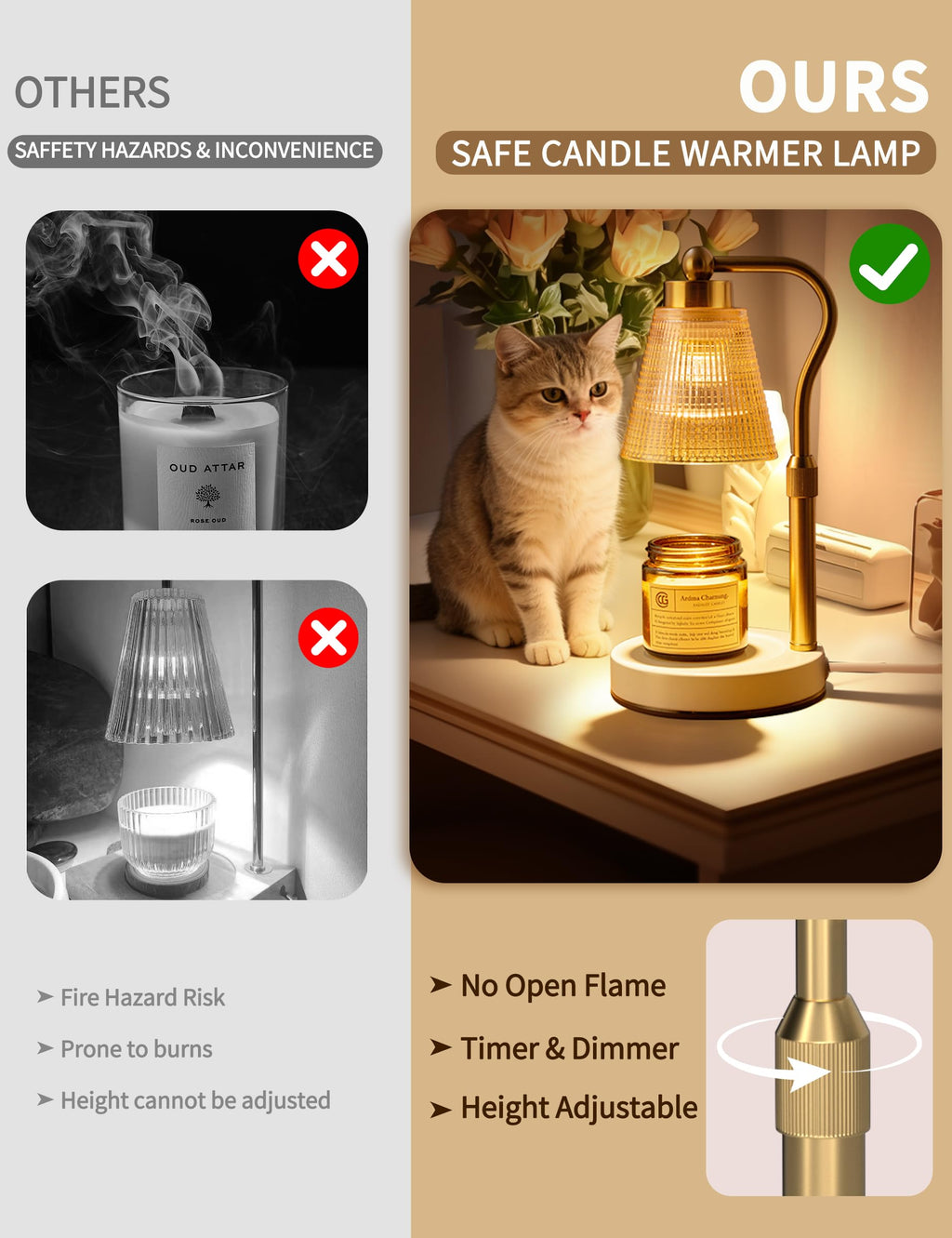Asoricing Candle Warmer Lamp, Height Adjustable & Dimmable with 2/4/8H Timer, 2*50W Halogen Wax Melter Warmer for Home Office Décor, Flameless & Smokeless, Gift for Women Mom, Gold-Amber