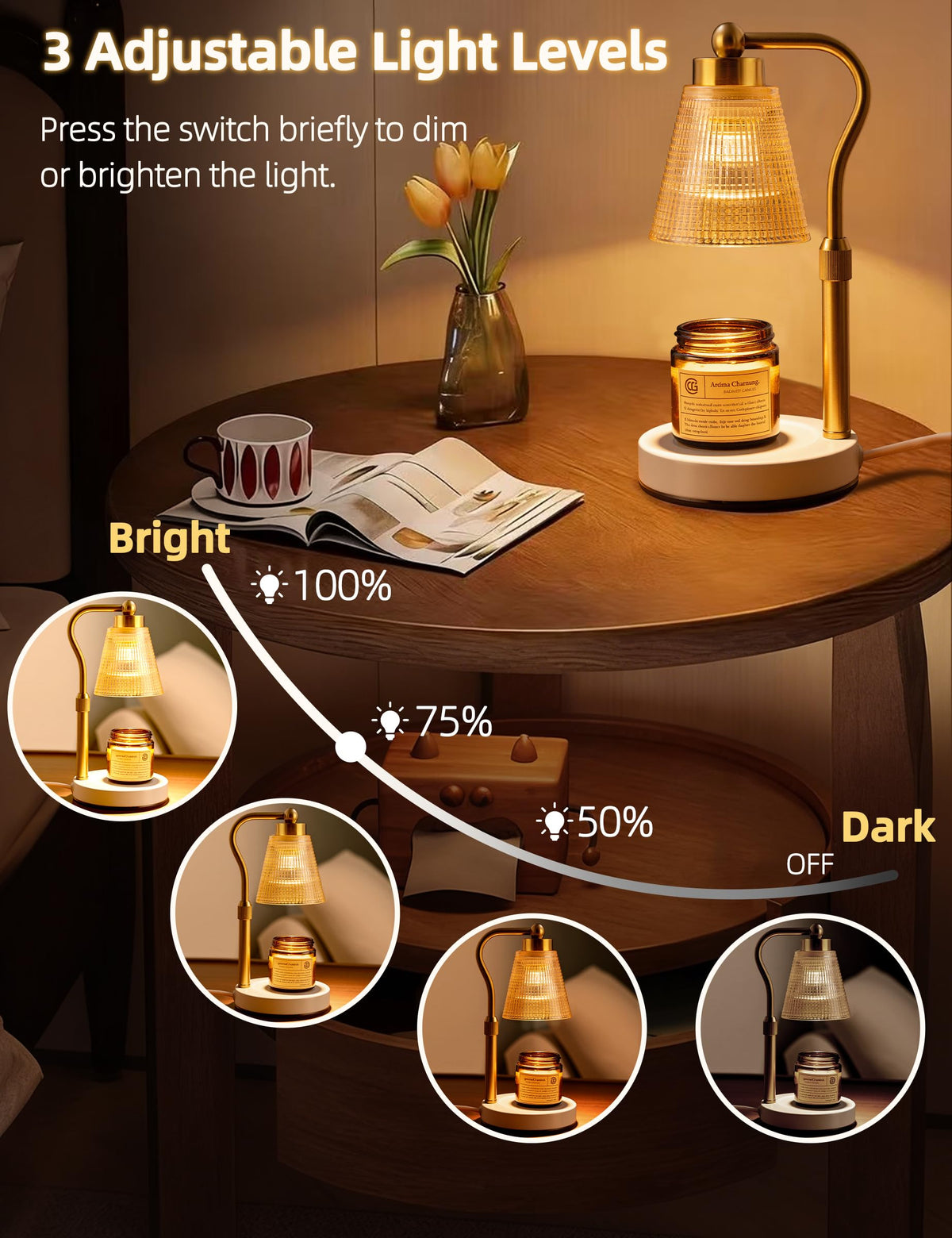 Asoricing Candle Warmer Lamp, Height Adjustable & Dimmable with 2/4/8H Timer, 2*50W Halogen Wax Melter Warmer for Home Office Décor, Flameless & Smokeless, Gift for Women Mom, Gold-Amber