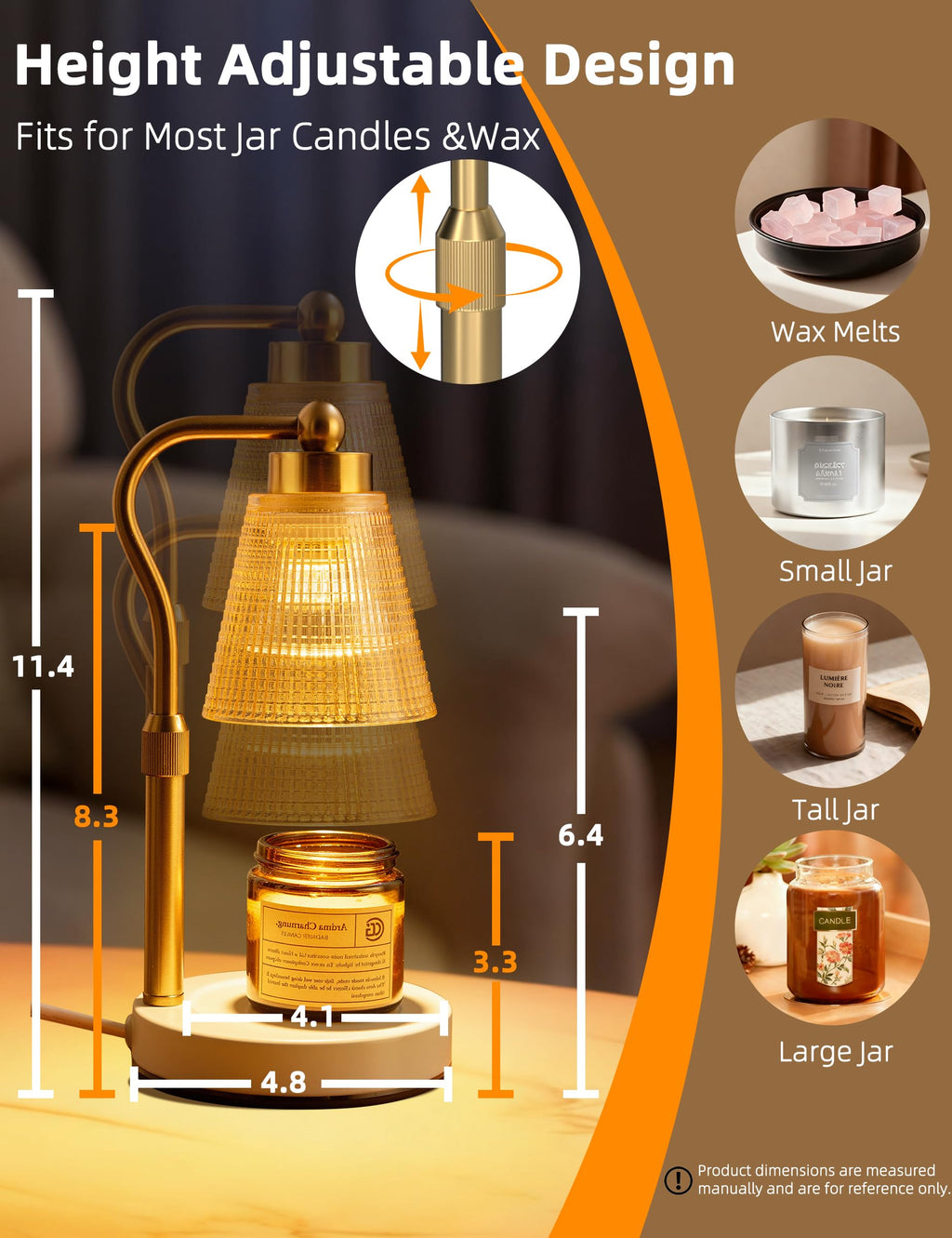 Asoricing Candle Warmer Lamp, Height Adjustable & Dimmable with 2/4/8H Timer, 2*50W Halogen Wax Melter Warmer for Home Office Décor, Flameless & Smokeless, Gift for Women Mom, Gold-Amber