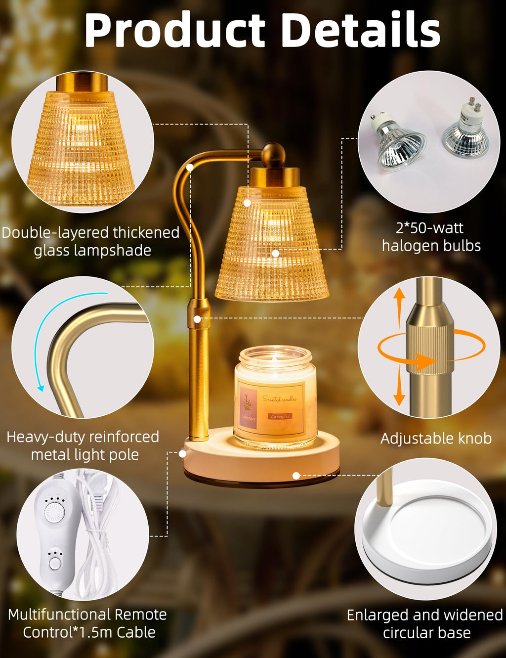 Asoricing Candle Warmer Lamp, Height Adjustable & Dimmable with 2/4/8H Timer, 2*50W Halogen Wax Melter Warmer for Home Office Décor, Flameless & Smokeless, Gift for Women Mom, Gold-Amber