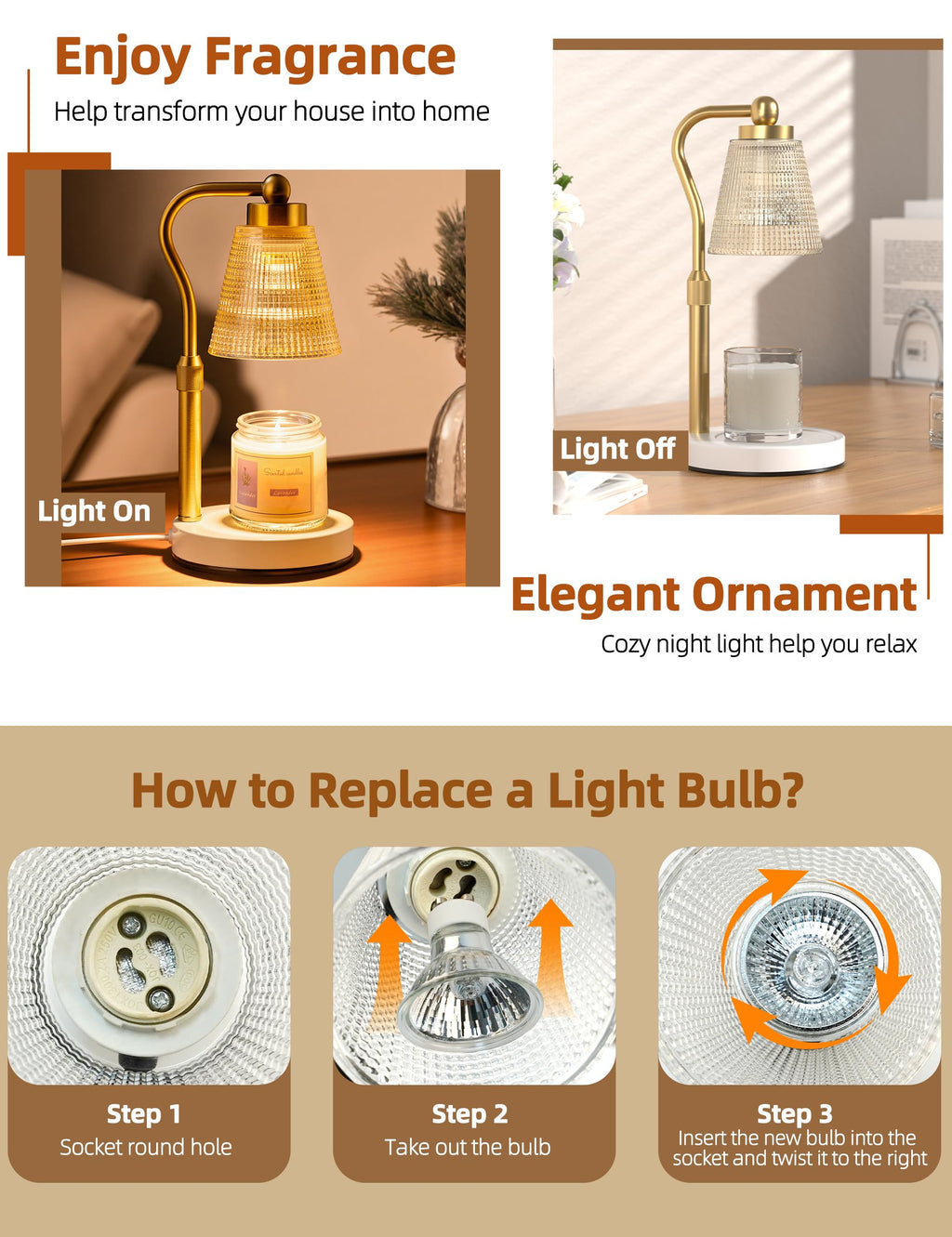 Asoricing Candle Warmer Lamp, Height Adjustable & Dimmable with 2/4/8H Timer, 2*50W Halogen Wax Melter Warmer for Home Office Décor, Flameless & Smokeless, Gift for Women Mom, Gold-Amber