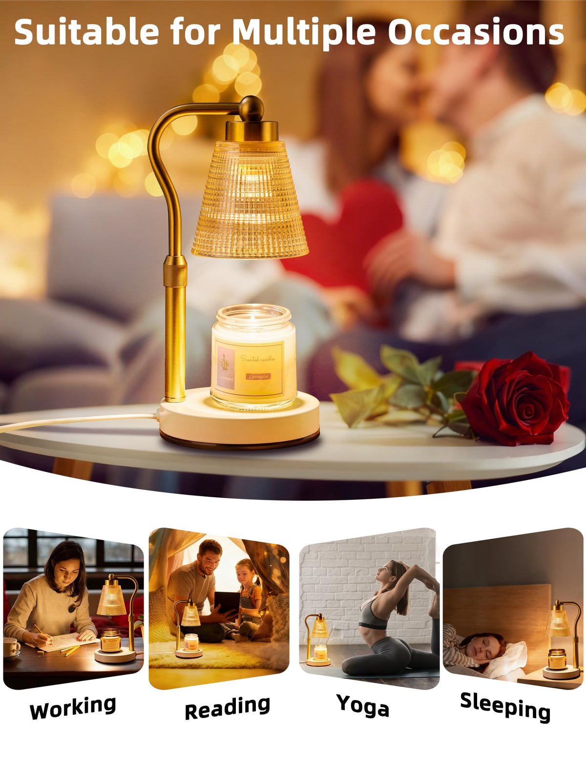 Asoricing Candle Warmer Lamp, Height Adjustable & Dimmable with 2/4/8H Timer, 2*50W Halogen Wax Melter Warmer for Home Office Décor, Flameless & Smokeless, Gift for Women Mom, Gold-Amber