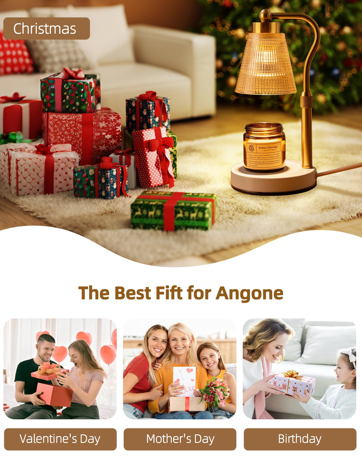 Asoricing Candle Warmer Lamp, Height Adjustable & Dimmable with 2/4/8H Timer, 2*50W Halogen Wax Melter Warmer for Home Office Décor, Flameless & Smokeless, Gift for Women Mom, Gold-Amber